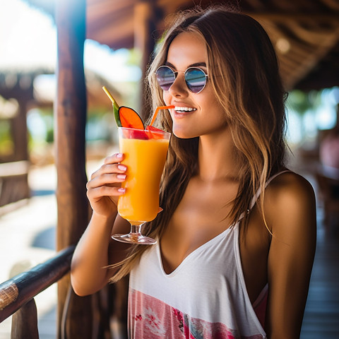 Serene woman enjoys a refreshing tropical smoothie in an idyllic setting