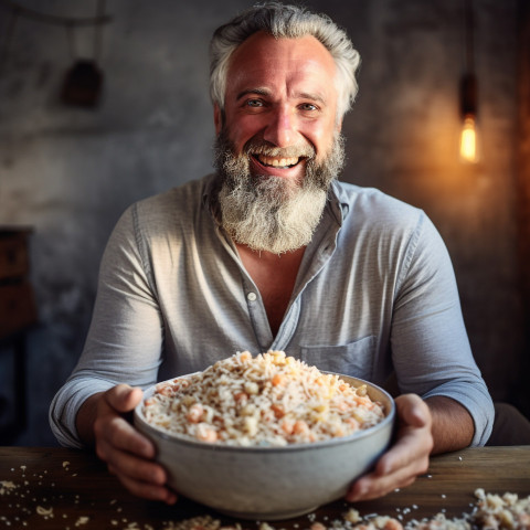 Smiling man enjoys a delicious risotto meal