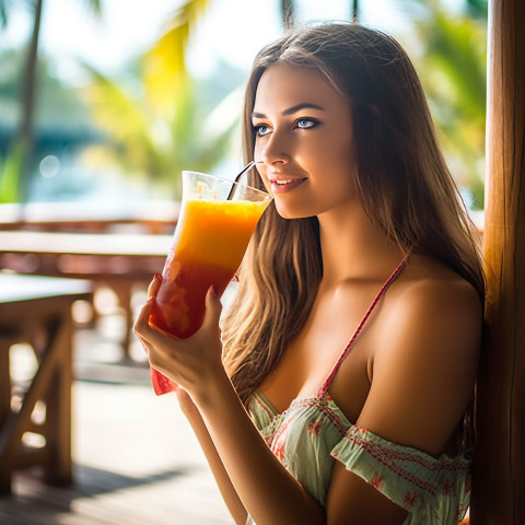 Serene woman enjoys a refreshing tropical smoothie in an idyllic setting