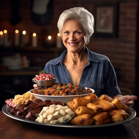 Elegant woman enjoying a delicious traditional American barbecue meal