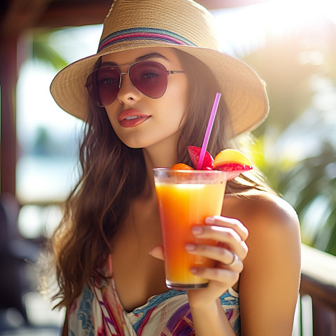 Serene woman enjoys a refreshing tropical smoothie in an idyllic setting