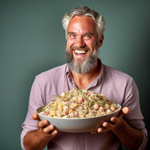 Smiling man enjoys a delicious risotto meal