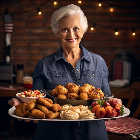 Elegant woman enjoying a delicious traditional American barbecue meal