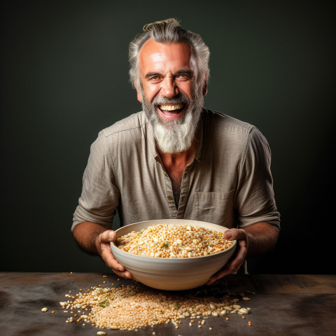 Smiling man enjoys a delicious risotto meal