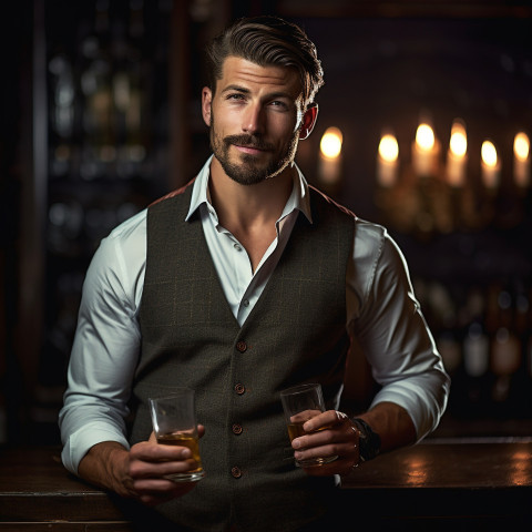 Dapper man enjoys whiskey at a secret bar