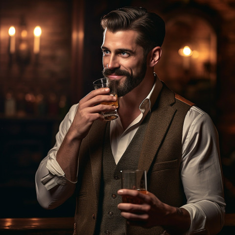 Dapper man enjoys whiskey at a secret bar