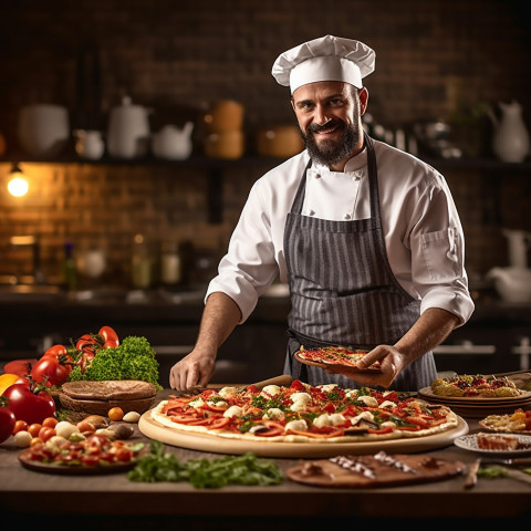 Skilled pizza chef expertly prepares delicious pizza in bustling kitchen on blured background