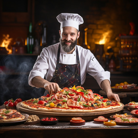 Skilled pizza chef expertly prepares delicious pizza in bustling kitchen on blured background