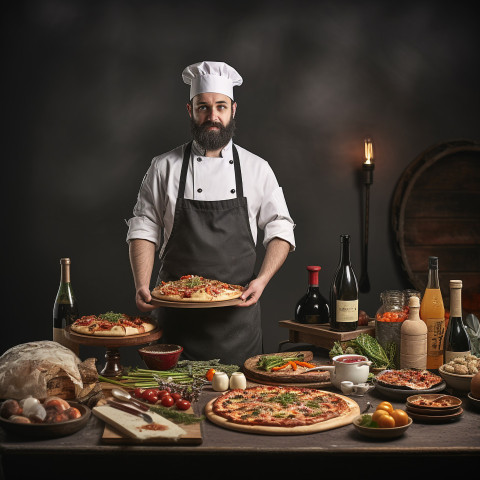 Skilled pizza chef expertly prepares delicious pizza in bustling kitchen on blured background