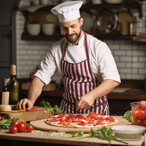 Skilled pizza chef expertly prepares delicious pizza in bustling kitchen on blured background