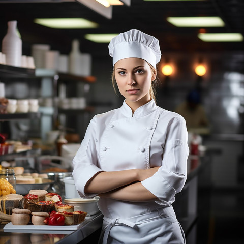 Skilled female chef preparing food in a busy kitchen on blured background