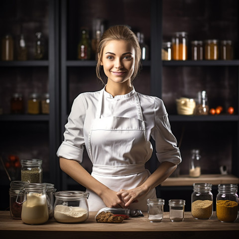 Skilled female chef preparing food in a busy kitchen on blured background