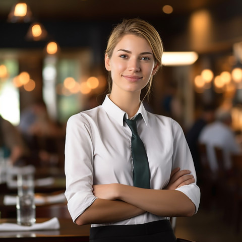 Empowered female restaurant manager overseeing operations against a blurred background