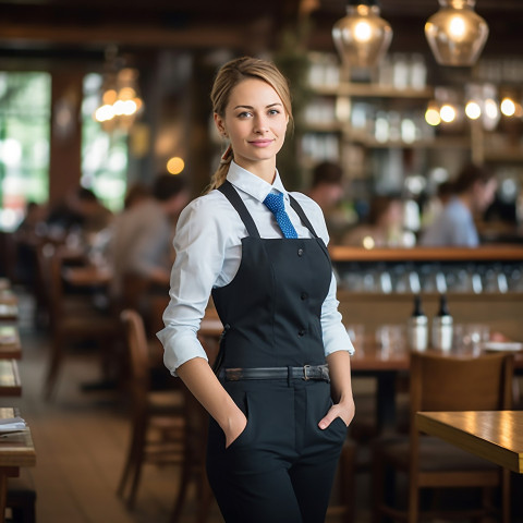 Empowered female restaurant manager overseeing operations against a blurred background