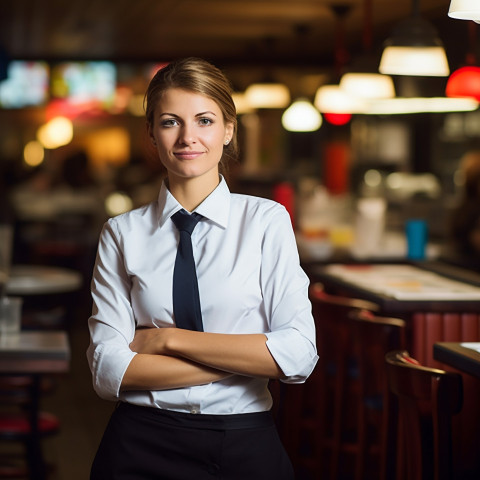 Empowered female restaurant manager overseeing operations against a blurred background