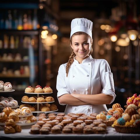 Skilled female baker creating culinary delights in a bustling kitchen a blurred background