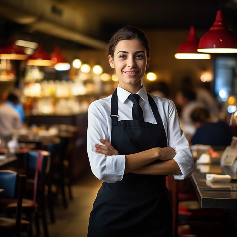 Empowered female restaurant manager overseeing operations against a blurred background