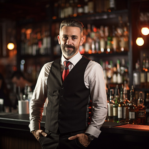 Assured bar manager oversees operations against a blurred background