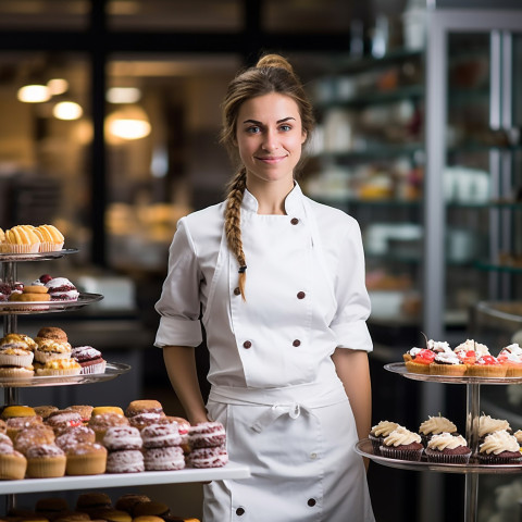 Skilled female baker creating culinary delights in a professional kitchen a blurred background