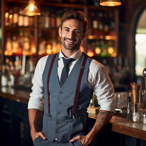 Assured bar manager oversees operations against a blurred background