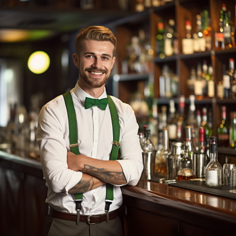 Assured bar manager oversees operations against a blurred background