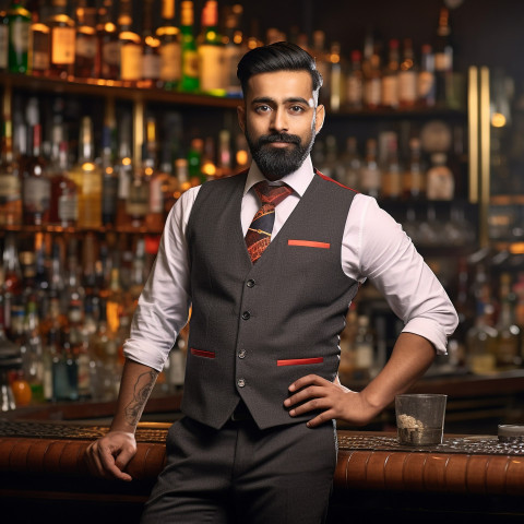 Skilled Indian bar manager working confidently a blurred background