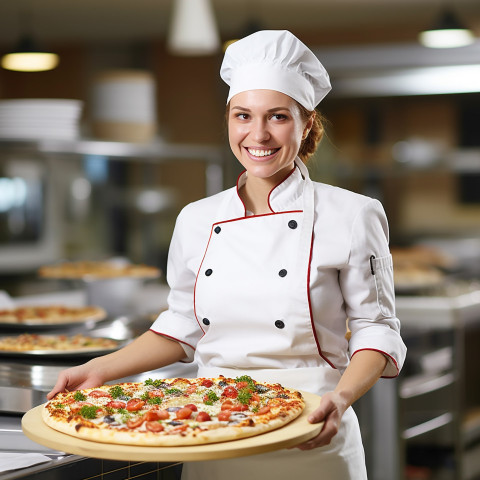 Happy female pizza chef preparing food in a kitchen on blurred background