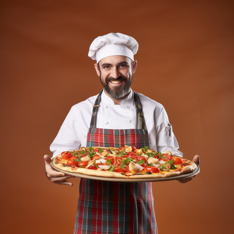 Cheerful pizza chef prepares delicious pizza in bustling kitchen on blurred background