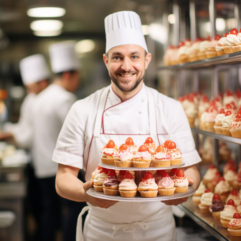 Cheerful pastry chef with a warm smile creating culinary delights on blurred background