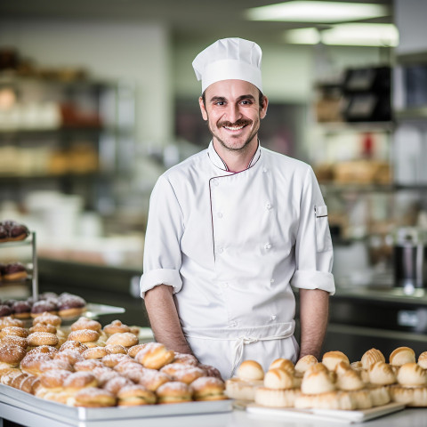 Cheerful pastry chef with a warm smile creating culinary delights on blurred background