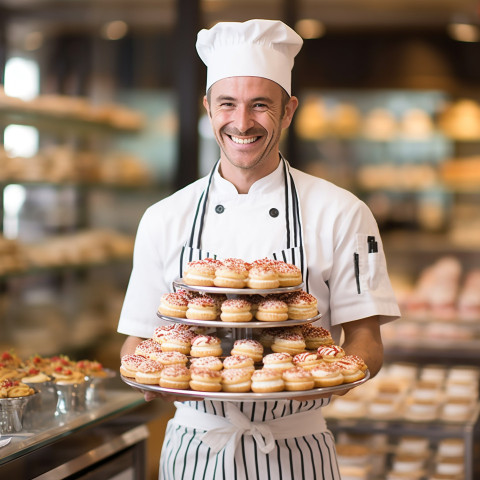 Cheerful pastry chef with a warm smile creating culinary delights on blurred background