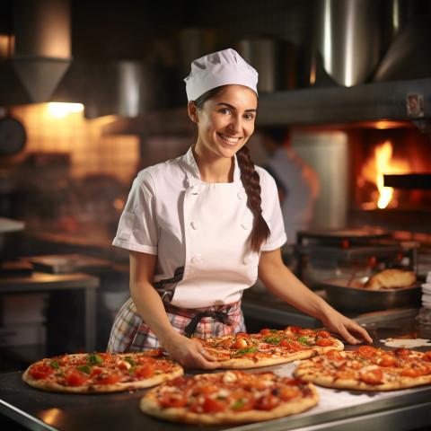 Happy female pizza chef preparing food in a kitchen on blurred background