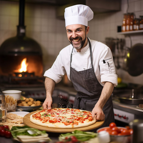 Cheerful pizza chef prepares delicious pizza in bustling kitchen on blurred background