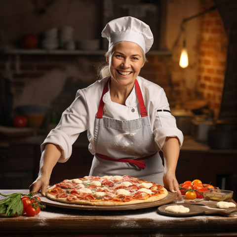 Happy female pizza chef preparing food in a kitchen on blurred background