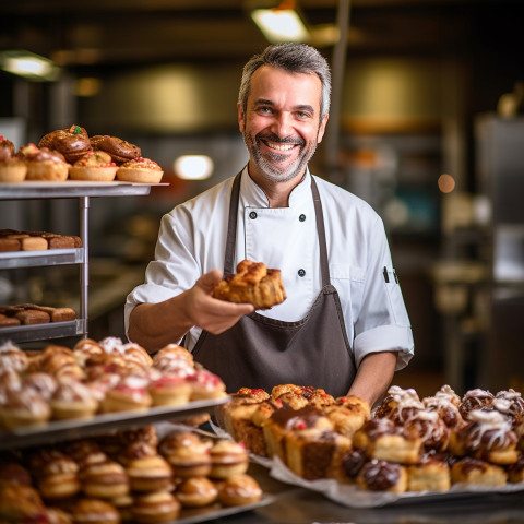 Cheerful pastry chef with a warm smile creating culinary delights on blurred background