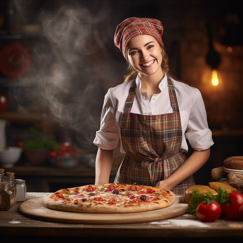 Happy female pizza chef preparing food in a kitchen on blurred background