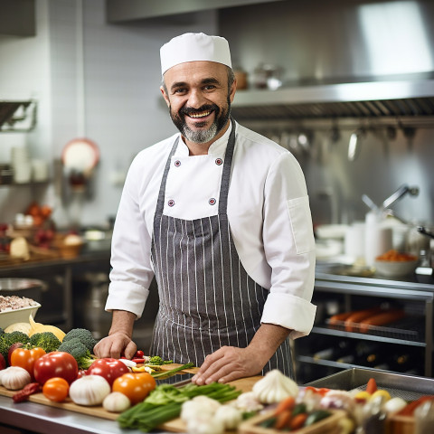 Cheerful chef with a welcoming smile on blurred background