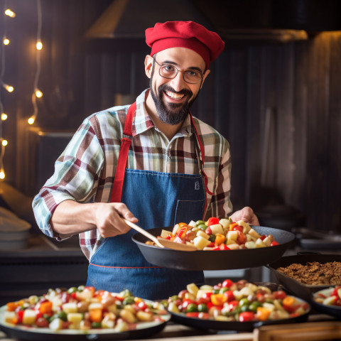 Cheerful chef with a welcoming smile on blurred background