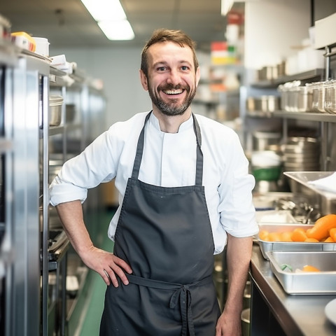 Cheerful chef overseeing kitchen operations against a blurred background