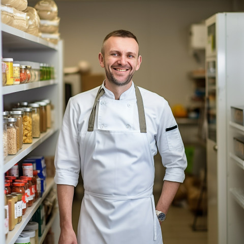 Cheerful chef overseeing kitchen operations against a blurred background