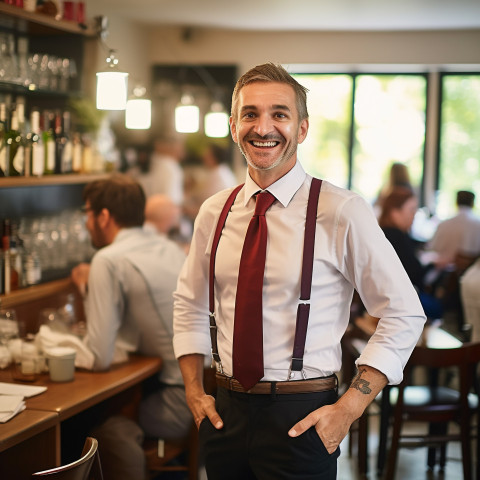 Approachable restaurant manager cheerfully working against a blurred background