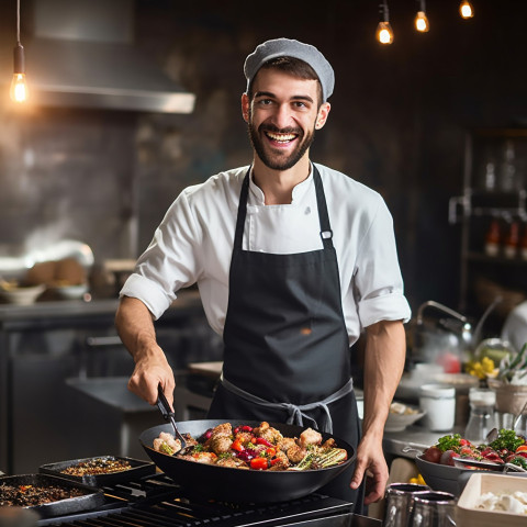 Cheerful chef with a welcoming smile on blurred background