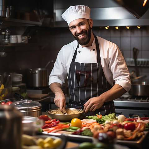 Cheerful chef with a welcoming smile on blurred background