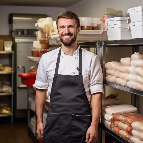 Cheerful chef overseeing kitchen operations against a blurred background