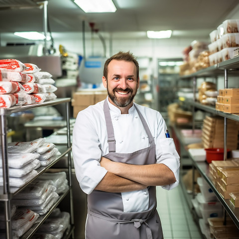 Cheerful chef overseeing kitchen operations against a blurred background