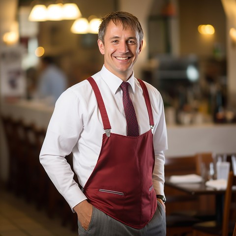 Approachable restaurant manager cheerfully working against a blurred background