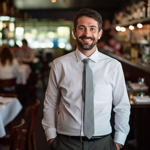 Approachable restaurant manager cheerfully working against a blurred background