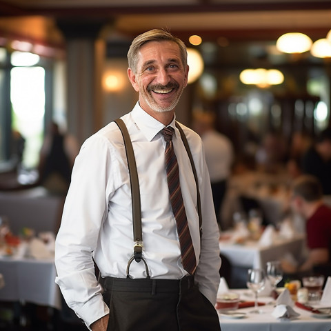 Approachable restaurant manager cheerfully working against a blurred background