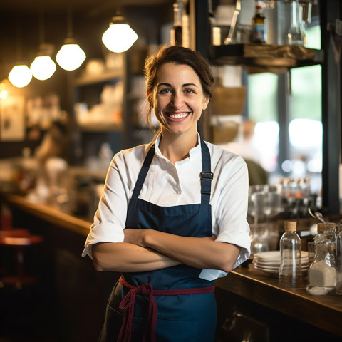 Gracious female restaurant manager with a welcoming smile on blurred background