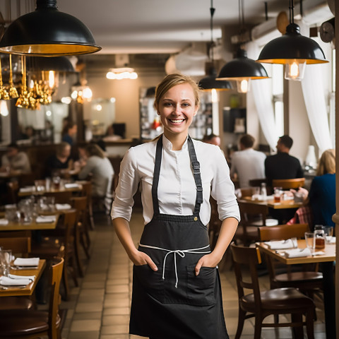 Gracious female restaurant manager with a welcoming smile on blurred background